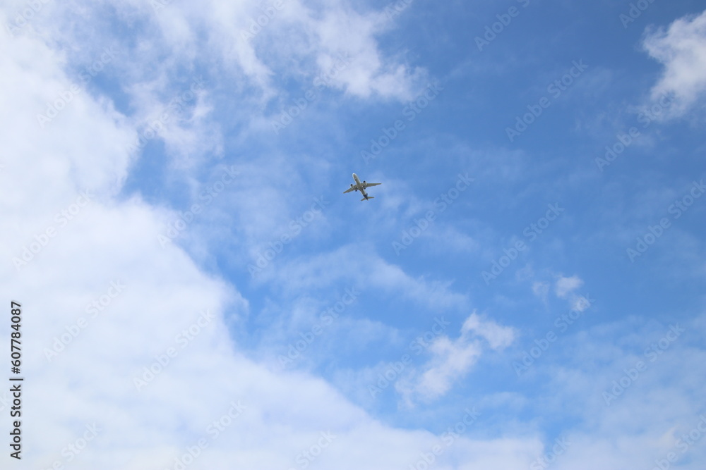 passenger airplane is flying in the blue sky with white clouds passenger airplane is flying in the blue sky with white clouds