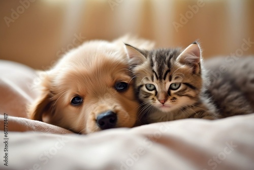 A heartwarming friendship: Puppy and kitten snuggled up together on the bed. AI