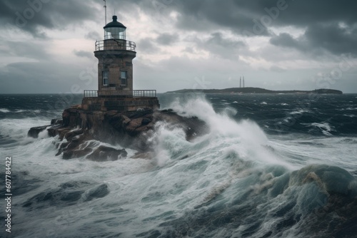 abandoned lighthouse  with waves crashing against the rocks below  in stormy weather  created with generative ai
