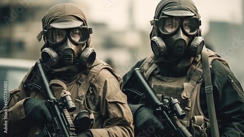 Armed forces with gas masks photo
