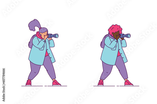 Vector handdrawn black curly girl in blue jacket and purple pants takes photo. Cute white woman with backpack. Young childless female photographer with red hair with ponytail. Job. Line art icon. Fun