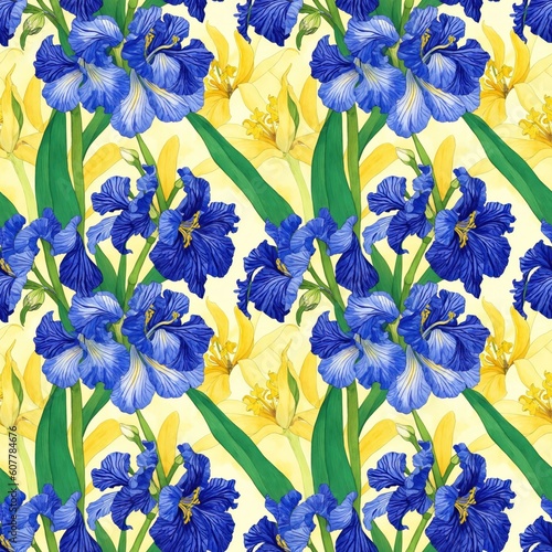 Seamless floral pattern with Iris flowers  tileable  Generative AI