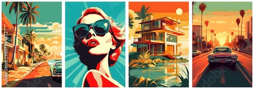 Poster template set for your text. Summer, Sunset, Woman, Travel. City with palm trees and cars, Beautiful villa building on the ocean. Generative Ai.