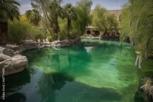 desert oasis, with hidden waterfall and pool of crystal-clear water, created with generative ai