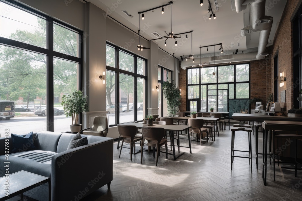co-working space with high ceilings and exposed ductwork, providing a modern and professional atmosphere, created with generative ai