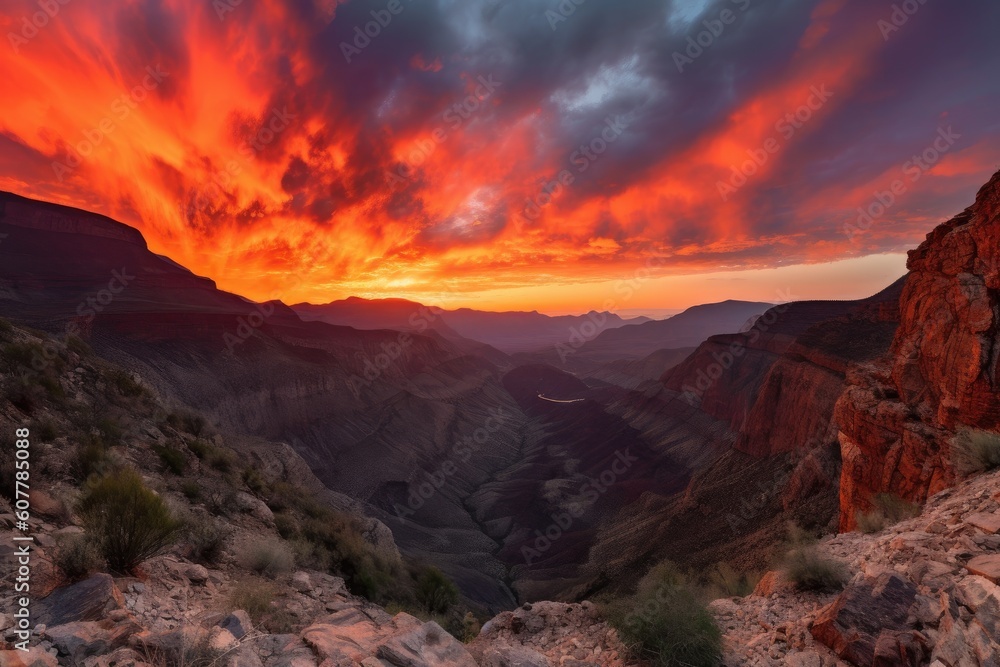 fiery sunset over canyon, with clouds and mountains in the background, created with generative ai