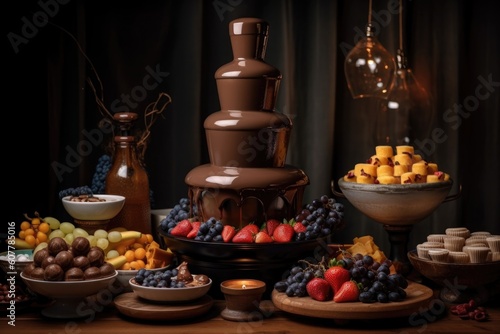 chocolate fountain surrounded by delicious desserts and fruits for dipping, created with generative ai