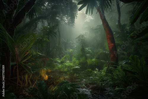 lush jungle with thunderstorm overhead and lightning strikes  created with generative ai