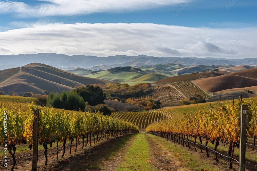 Naklejka premium vineyard with rolling hills and mountains in the background, created with generative ai