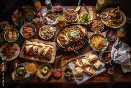 tacos, burritos, and nachos spread out on table for a feast, created with generative ai