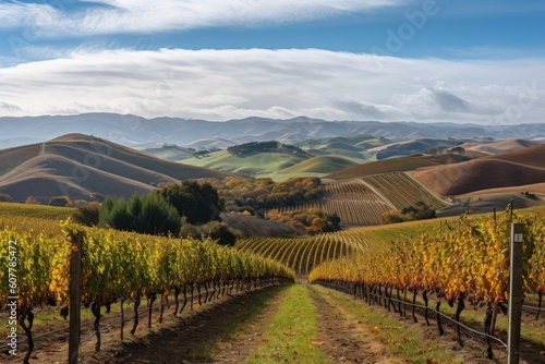 vineyard with rolling hills and mountains in the background  created with generative ai