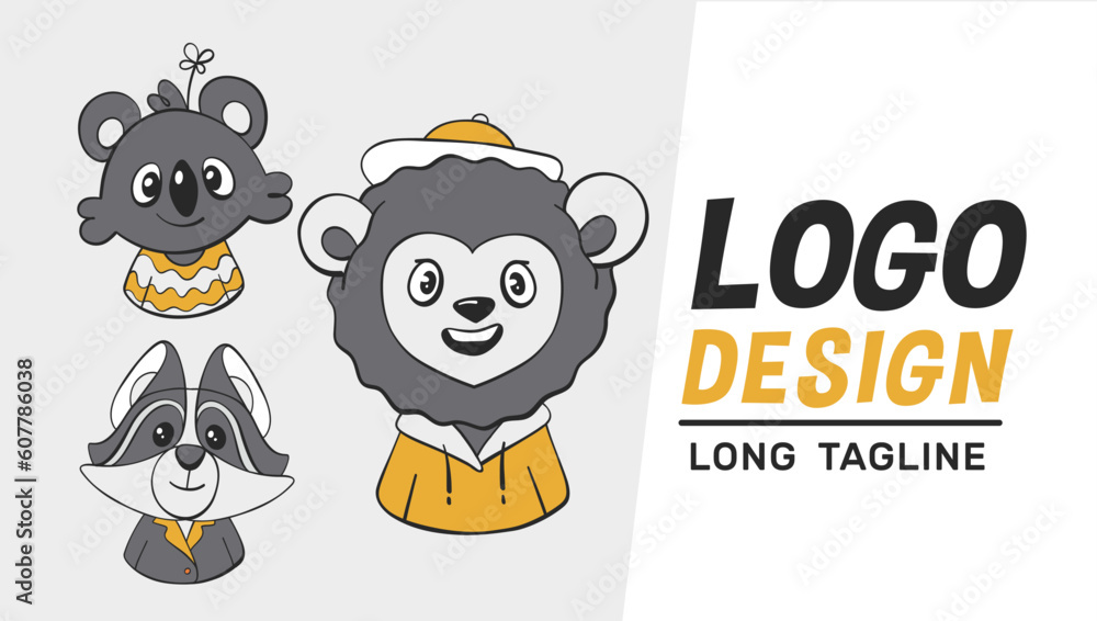 Vector versions of the logo in cartoon style: lion, koala and raccoon.