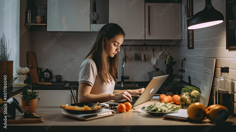 Working from home. Young woman using laptop and Internet. Freelancer workplace at kitchen table. Distance learning, self isolation, remote female business, shopping online. Lifestyle Generative AI