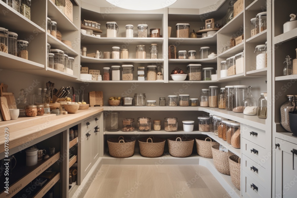 clutter-free kitchen, with organized and well-stocked pantry and cabinets, created with generative ai - obrazy, fototapety, plakaty 