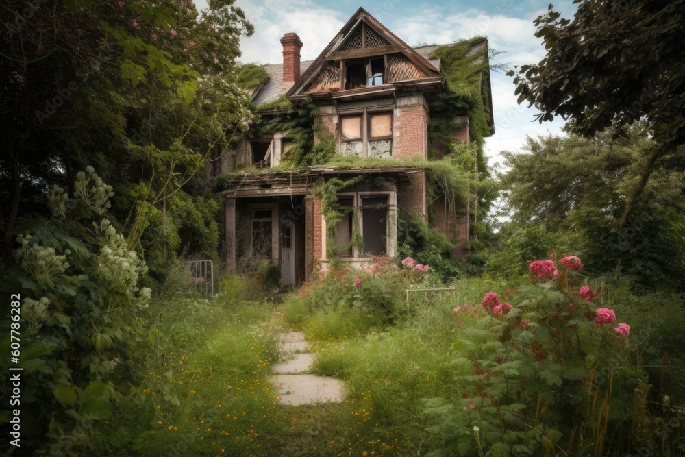 abandoned house, with broken windows and overgrown garden, surrounded by blooming flowers, created with generative ai