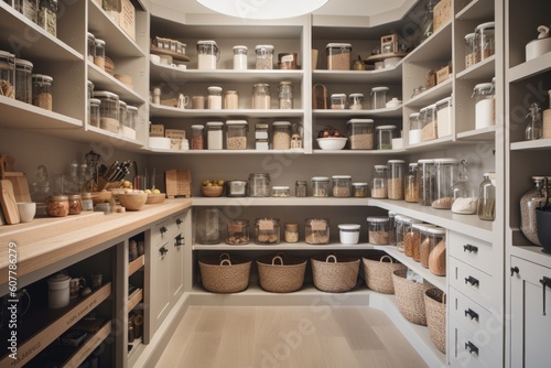 clutter-free kitchen, with organized and well-stocked pantry and cabinets, created with generative ai photo
