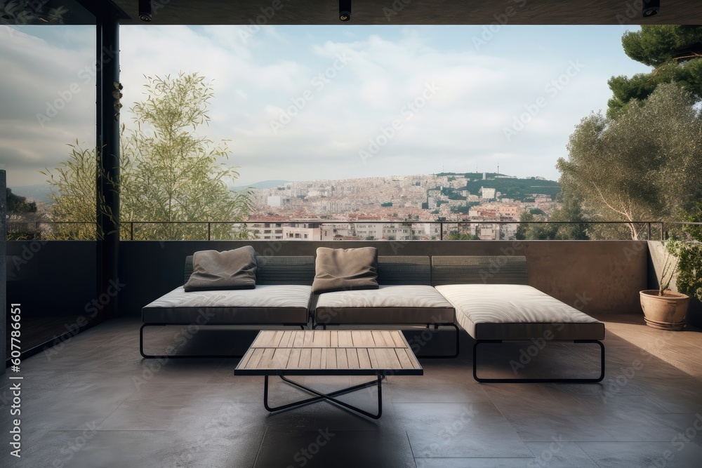 modern sofa and coffee table on a stone terrace, with view of the city, created with generative ai