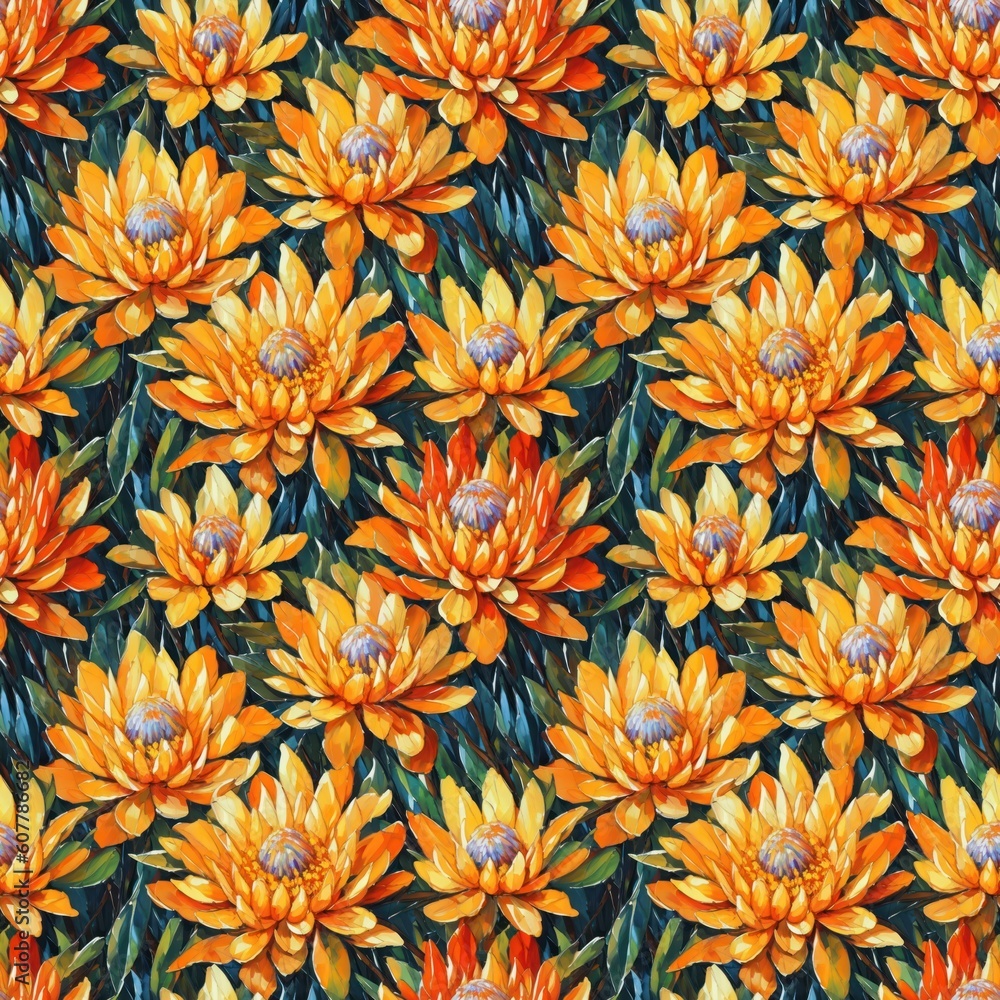 Seamless floral pattern with Protea flowers, tileable, Generative AI Seamless floral pattern with Protea flowers, tileable, Generative AI