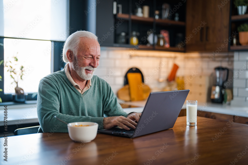 Fototapeta premium One senior businessman standing in the kitchen and working on the laptop while drinking coffee. Grey-haired bearded senior man eyeglasses looking concentrated