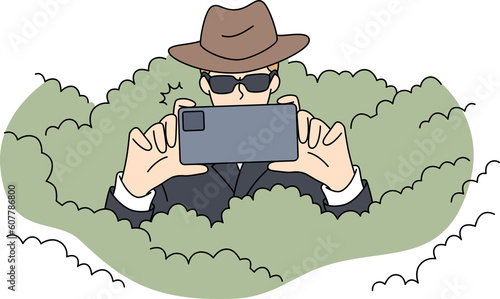 Private detective with camera spying in bushes