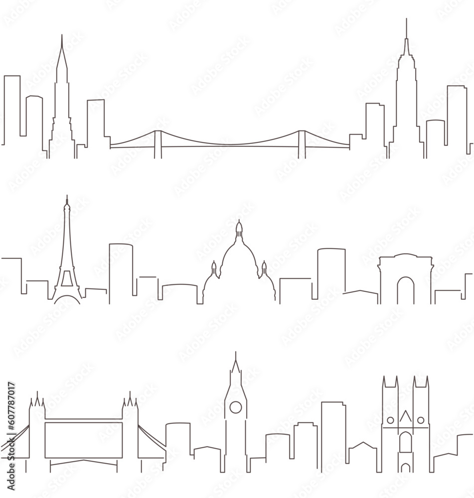 London New York and Paris Dark Line Simple Minimalist Skyline With White Background
