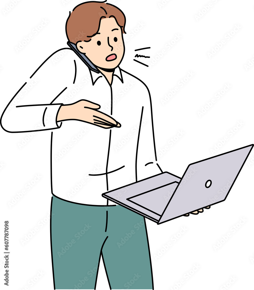 Busy businessman work on laptop talk on phone