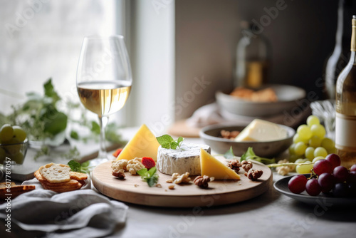 Elegant Cheese Platter with Wine in a Bright White Kitchen. Generative AI
