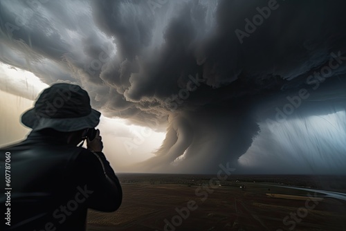 storm chaser in the eye of a tornado, with swirling clouds and debris visible, created with generative ai