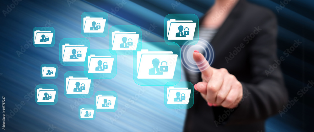 Woman touching a personal data security concept Woman touching a personal data security concept