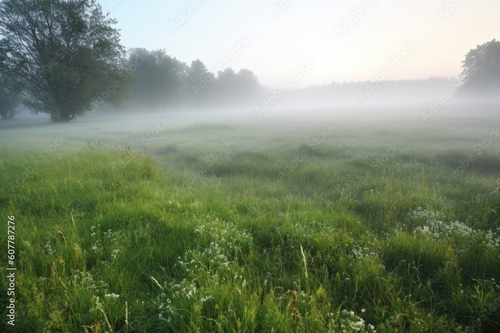 misty meadow with fog rolling over the grass and dew on the ground, created with generative ai