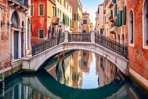 Enchanting Canal in Venice, Italy Adorned with a Picturesque Bridge. AI