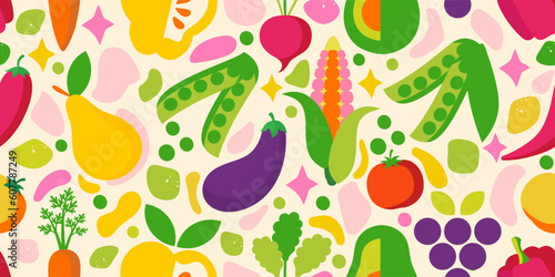 Seamless pattern of fruits and vegetables. Juicy, bright design of healthy food will be a great decoration of your project!