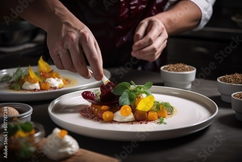 close-up of chef's hand, arranging ingredients on plate with care, created with generative ai