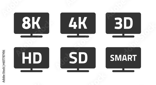 4k 8k hd resolution icon vector pictogram, 3d smart tv logo graphic symbol, video full high definition sd television screen technology image clipart illustration
