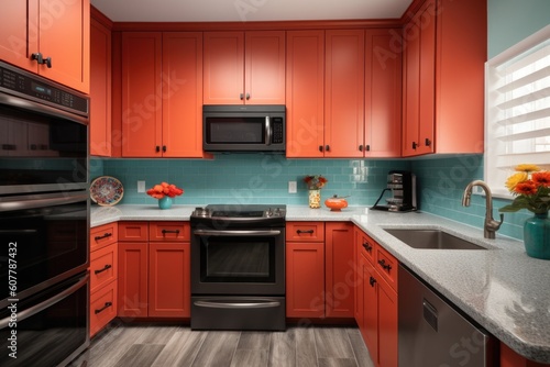 decluttered kitchen with new appliances, sleek countertops and vibrant color scheme, created with generative ai