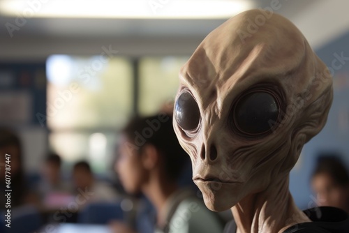 close-up of alien student's face, with view of the classroom in the background, created with generative ai