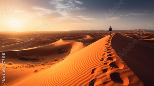 woman walking in dune desert. travel background. generative ai