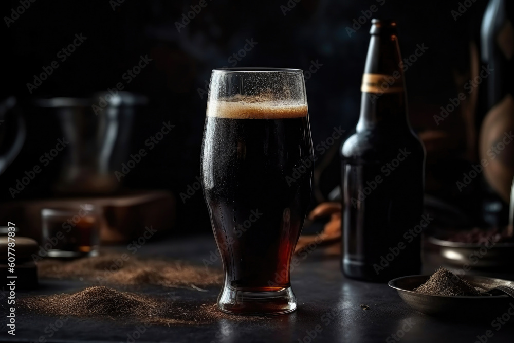 Indulgence in Every Sip: Dark Beer Temptation. Generative AI - obrazy, fototapety, plakaty 