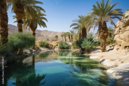 oasis with palm trees and clear blue water surrounded by desert landscape  created with generative ai
