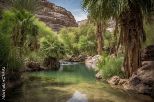 desert oasis, with waterfalls and greenery in the background, created with generative ai