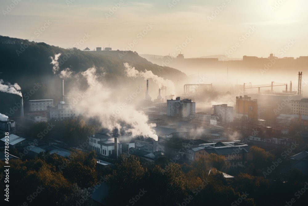 Obraz premium industrial plant, with smoke and fog from factory chimneys drifting over the city, created with generative ai