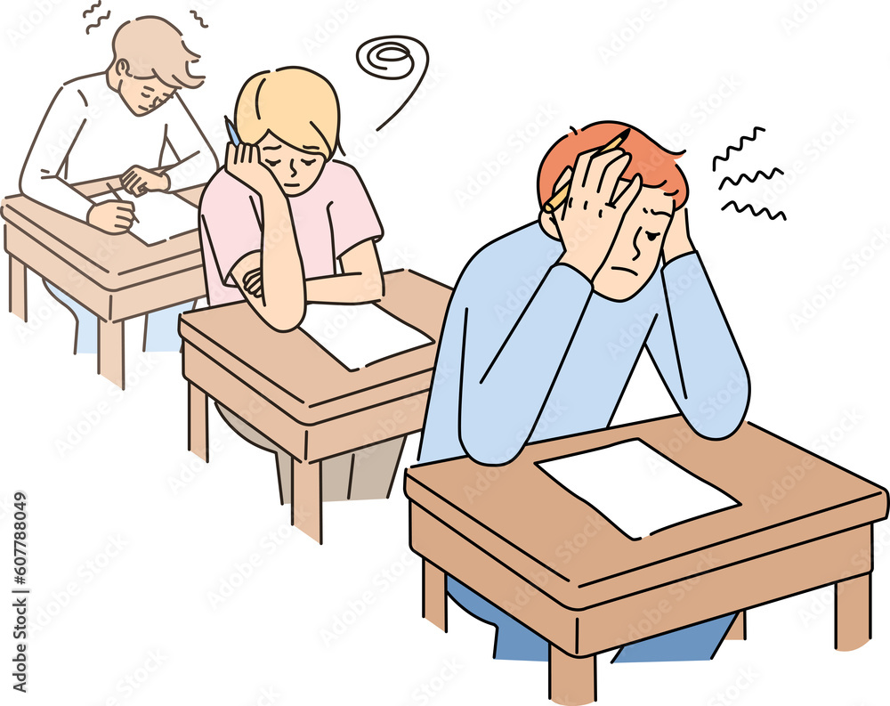 Anxious students write test in classroom