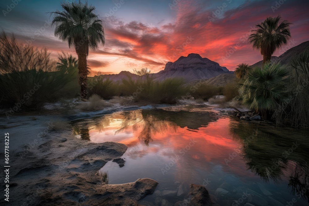 desert oasis, with vibrant sunset sky and silhouetted mountain range in the background, created with generative ai desert oasis, with vibrant sunset sky and silhouetted mountain range in the background, created with generative ai