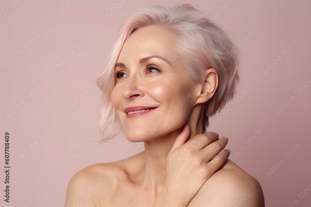 Happy and Confident 45-Year-Old Woman Caressing Her Skin. Generative AI Happy and Confident 45-Year-Old Woman Caressing Her Skin. Generative AI