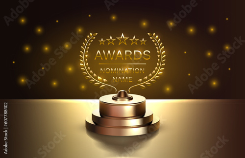 Best Awards nomination name podium, golden prize event, scene star ceremony. Vector illustration