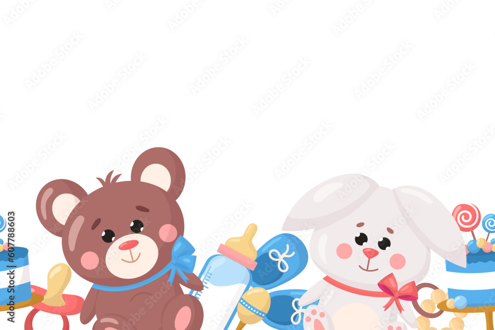 Vector seamless baby border, backdrop for wallpaper, print, textile, fabric, wrapping. Baby bottle, booties, rainbow, cute bunny on white background. Baby shower, newborn concept Vector seamless baby border, backdrop for wallpaper, print, textile, fabric, wrapping. Baby bottle, booties, rainbow, cute bunny on white background. Baby shower, newborn concept