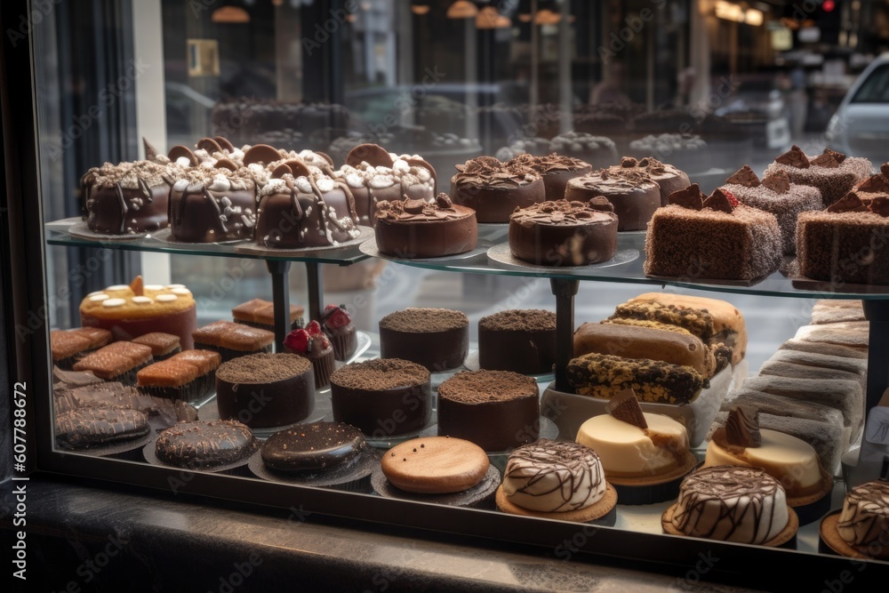 tempting display of chocolate cakes, cupcakes, and cookies in bakery window, created with generative ai