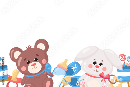 Vector seamless baby border, backdrop for wallpaper, print, textile, fabric, wrapping. Baby bottle, booties, rainbow, cute bunny on white background. Baby shower, newborn concept