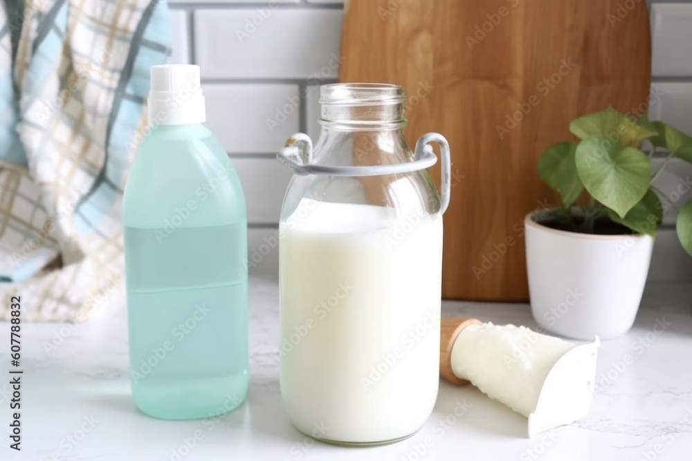 homemade laundry detergent bottle with ingredients and instructions for mixing, created with generative ai