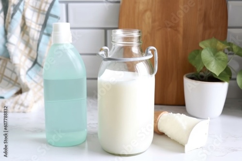 homemade laundry detergent bottle with ingredients and instructions for mixing, created with generative ai photo